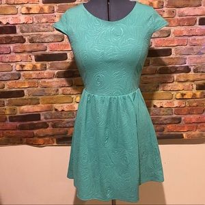 Green Floral Embossed Print Casual Skater Skirt Dress Pageant Picnic Date Fun